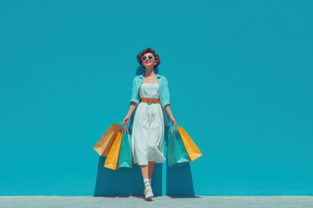 Fashionable female model holds colorful shopping bags in front of a bright blue background, radiating happiness and style in a contemporary shopping atmosphereの素材