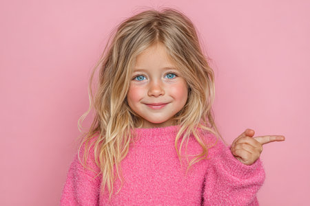 Young girl with blonde hair in a pink sweater, smiling and playfully pointing against a bright pink backdrop, radiating happiness and youthful energyの素材