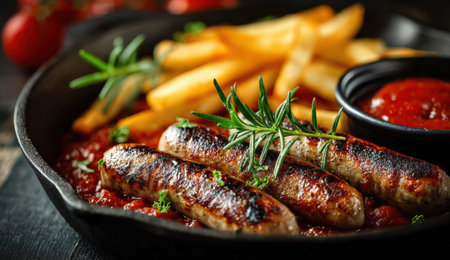 Juicy grilled sausages accompanied by golden fries and savory tomato sauce in a cast iron skillet, garnished with fresh herbs, creating an appetizing mealの素材