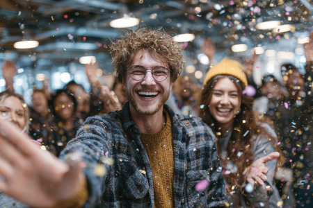 Group of cheerful friends celebrating with confetti in a vibrant atmosphere, showcasing joy and connection, embodying the spirit of togetherness and funの素材