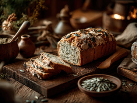Artisanal bread loaf, sliced and displayed on wooden board, surrounded by rustic kitchen items, highlighting the charm of homemade baking and natural texturesの素材