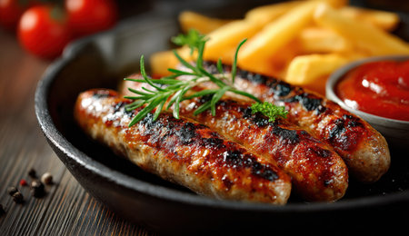 Juicy grilled sausages on a rustic plate with crispy fries and fresh herbs, served with a bowl of ketchup, showcasing a delightful meal presentationの素材