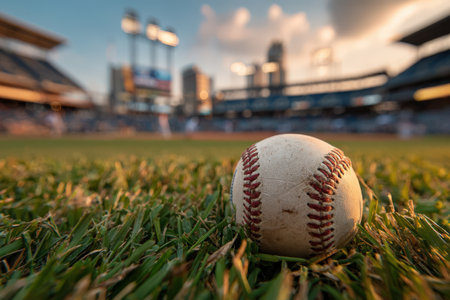 A baseball is positioned on lush green grass in a stadium, with players and city skyline blurred in the background, creating a vibrant sports sceneの素材