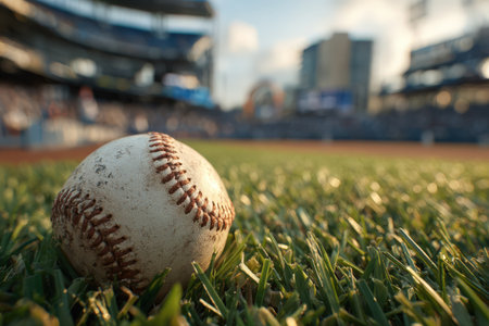 Close-up of a baseball on grass in a stadium, with a blurred crowd and field behind, showcasing the excitement and energy of outdoor sportsの素材