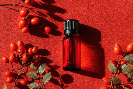 Essential oil bottle on vivid red surface, surrounded by red berries and green foliage, showcasing a harmonious blend of color and nature in a captivating arrangementの素材