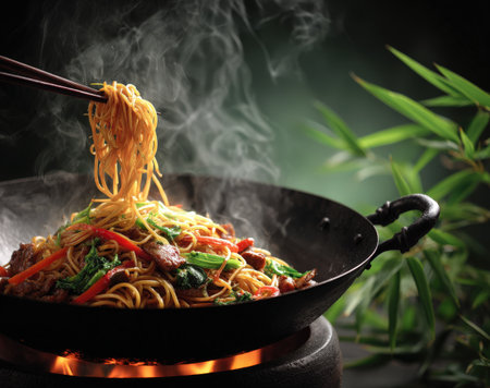 Stir-fried noodles with vegetables and beef in a wok, steam rising, set against bamboo leaves, highlighting the beauty of culinary preparation and vibrant colorsの素材