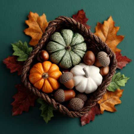 Autumn-themed basket contains green, orange, white pumpkins, acorns, and colorful leaves, creating a warm and inviting seasonal display for home decorationの素材
