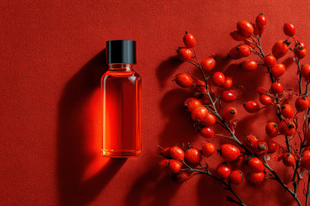 Glass bottle with red liquid sits on a rich red surface, surrounded by clusters of bright red berries, showcasing a stylish and contemporary designの素材