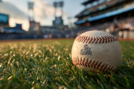 Close-up of baseball on lush green grass, with blurred stadium and bright sky in background, evoking the excitement of outdoor sports and summer funの素材