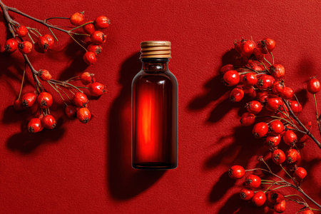 Glass bottle with red liquid is artistically arranged with red berries on a rich red surface, enhancing the visual appeal and inviting attention to the productの素材