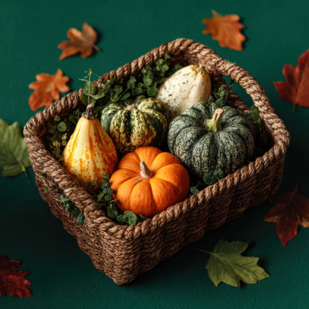 Decorative pumpkins arranged in a woven basket, surrounded by vibrant autumn leaves on a green surface, capturing the essence of seasonal harvest and festive ambianceの素材