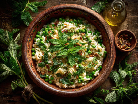 Creamy risotto featuring fresh green peas and mint leaves, beautifully garnished with herbs in a rustic bowl, highlighting the essence of culinary creativity and fresh ingredientsの素材
