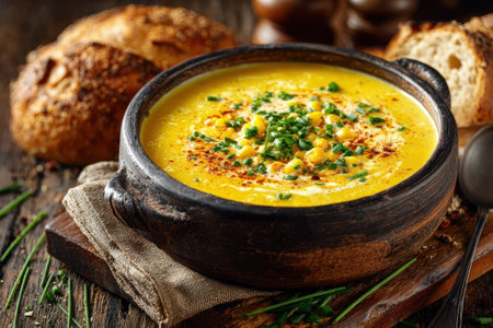 Creamy corn soup in rustic bowl, topped with herbs, served with crusty bread on wooden table, creating a warm and inviting dining atmosphereの素材