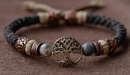 Detailed bracelet with tree of life pendant, natural stones, and metal accents, placed on a rich brown background, highlighting artistry and designの素材