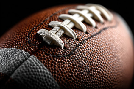 Detailed close-up of a brown football highlighting its textured surface, white laces, and stitching, emphasizing the quality and craftsmanship of sports equipmentの素材