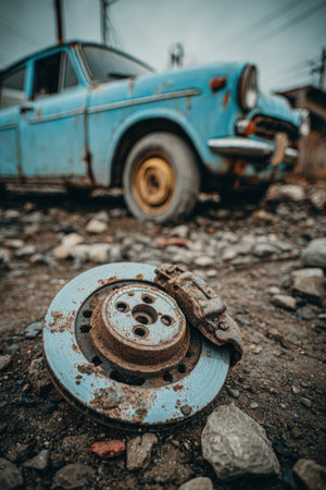 Close-up of a rusty brake disc on gravel, with an old blue car in the background, highlighting the contrast between mechanical decay and vintage designの素材
