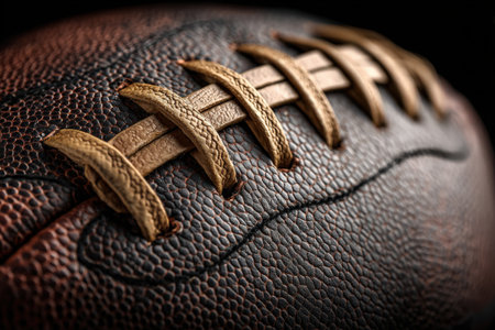 Detailed close-up of a leather football, highlighting the unique stitching and laces, capturing the essence of sportsmanship and the excitement of the gameの素材