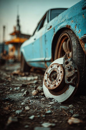 Vintage blue car with a damaged wheel is positioned on gravel, highlighting rust and decay in an abandoned industrial area, evoking a sense of nostalgiaの素材