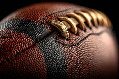 Detailed close-up of a football highlighting its textured surface and stitching, capturing the essence of sports equipment and craftsmanship in a dynamic compositionの素材