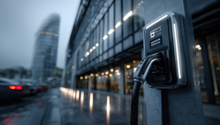 Modern electric vehicle charging station features illuminated display and sleek connector, situated in an urban environment with a rainy atmosphere and contemporary architectureの素材