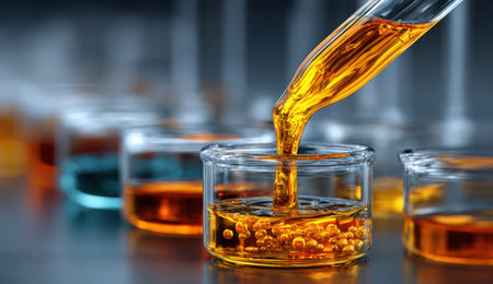 Bright orange liquid is poured into a glass container from a pipette, surrounded by colorful liquids in a laboratory setting, highlighting scientific exploration and creativityの素材
