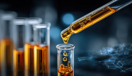 Close-up of a dropper pouring amber liquid into a test tube, surrounded by various glassware, highlighting the precision and creativity of scientific research and experimentationの素材