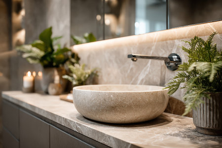 Natural stone sink in modern bathroom, complemented by greenery and candles, enhancing the tranquil ambiance for a soothing experience in a stylish settingの素材