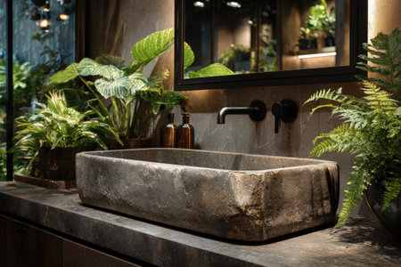 Textured stone sink in modern bathroom, surrounded by vibrant green plants, reflecting natural light, enhancing the tranquil and stylish ambiance of the spaceの素材