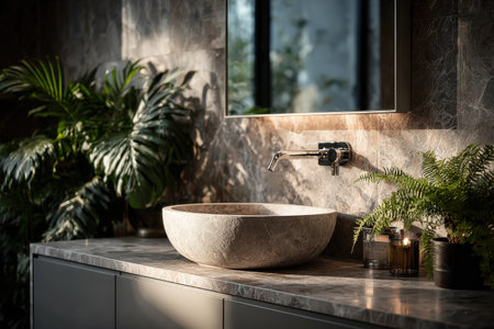 Modern bathroom showcases a round stone sink on a marble surface, complemented by vibrant plants and soft natural light, enhancing the tranquil ambianceの素材