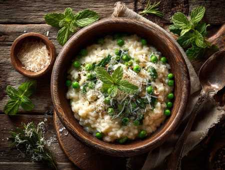 Delicious risotto featuring vibrant green peas and mint, garnished with cheese, presented in a wooden bowl on a rustic table, highlighting culinary craftsmanshipの素材