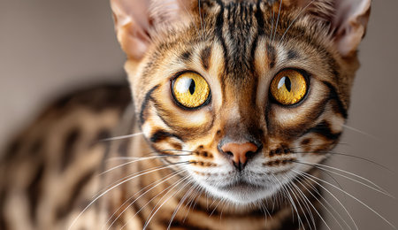 Close-up of a Bengal cat with vibrant golden eyes and intricate coat patterns, displaying curiosity and charm in a warm, inviting environmentの素材