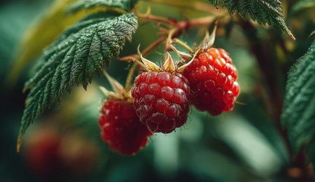 Ripe red raspberries are nestled among green leaves in a garden, highlighting their juicy texture and vibrant color, symbolizing freshness and nature's bountyの素材
