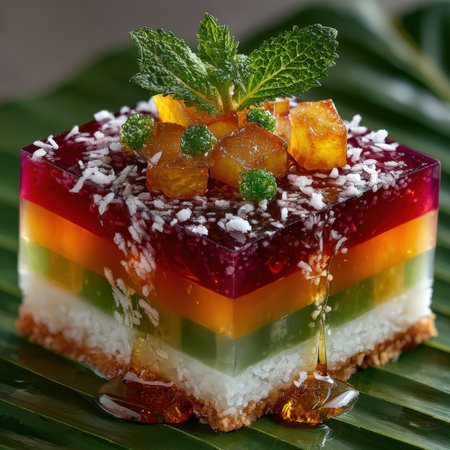 Vibrant layered dessert featuring jelly, coconut, and fruit garnishes, beautifully arranged on a green leaf, highlighting the colorful textures and delicious appealの素材
