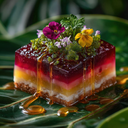Layered dessert features vibrant jelly and edible flowers, resting on green leaves, highlighting a beautiful culinary presentation with fresh ingredientsの素材