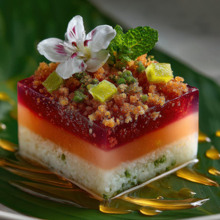 Layered dessert features vibrant jelly, mint leaves, and edible flower, beautifully arranged on a green leaf, highlighting the artistry of culinary presentationの素材