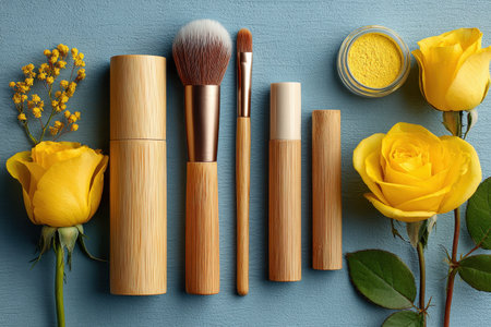 Eco-friendly bamboo cosmetic brushes and containers are artistically arranged with yellow roses on a textured blue background, highlighting sustainable beauty and vibrant aestheticsの素材