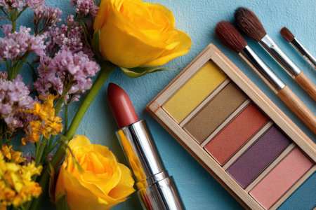 Colorful display featuring yellow roses, an eyeshadow palette, and makeup brushes on a blue background, highlighting beauty and floral aesthetics for creative inspirationの素材