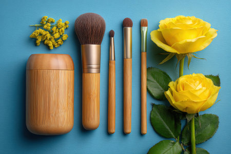 Neatly arranged bamboo makeup brushes and yellow roses beside a wooden container on a blue background, creating a harmonious and elegant beauty sceneの素材