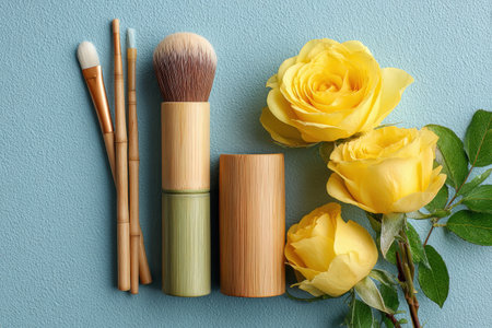Arrangement of bamboo makeup brushes and a cosmetic container with yellow roses on a soft blue surface, highlighting beauty and natural elements in a serene settingの素材