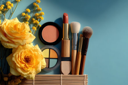 Colorful makeup products displayed with yellow roses on a blue backdrop, highlighting beauty essentials and floral elements, creating a fresh and inviting atmosphereの素材