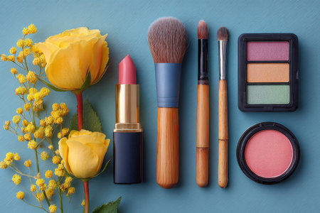 Colorful display of makeup items such as lipstick, brushes, and blush, complemented by fresh yellow roses and flowers, creating an inviting beauty sceneの素材