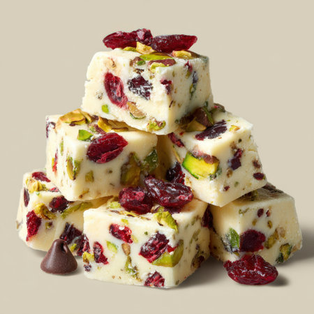Stacked fudge squares featuring cranberries and pistachios, creating a visually appealing dessert treat ideal for festive occasions and sweet cravingsの素材