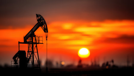 Silhouette of an oil pump jack against a colorful sunset, highlighting the energy sector, with dramatic clouds and a warm sun creating a captivating sceneの素材