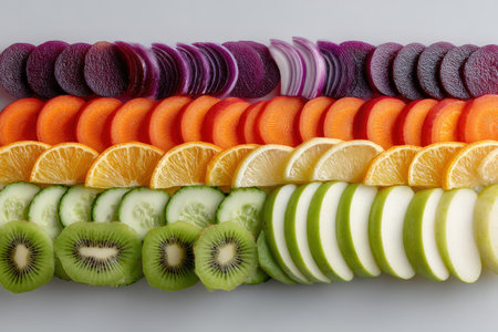 Colorful display of sliced fruits such as kiwi, orange, cucumber, and apple, arranged in a visually appealing manner, highlighting freshness and health benefitsの素材