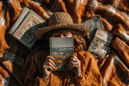 Female reader in a straw hat is relaxing on an orange plaid blanket, holding a book while vintage books are scattered around, creating a cozy outdoor sceneの素材