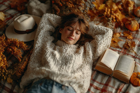 Female enjoying a peaceful moment on a blanket with autumn leaves, a book, and a hat, creating a cozy and inviting fall ambiance for relaxationの素材