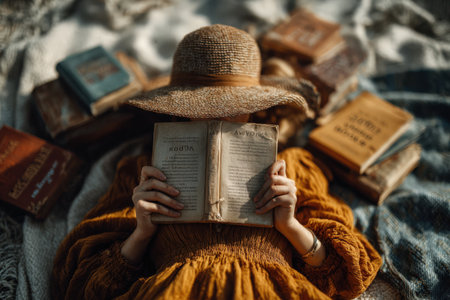 Female reader in a straw hat is immersed in a book, surrounded by vintage novels on a soft blanket, evoking a peaceful and cozy reading environmentの素材