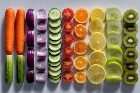 Colorful display of assorted vegetables and fruits, arranged in a rainbow pattern, highlighting freshness and health, perfect for culinary inspiration and nutrition-focused projectsの素材