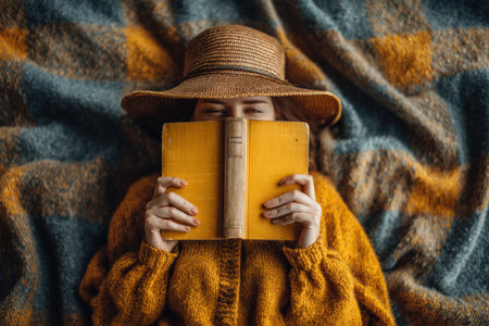 Female reader in a straw hat is lying on a colorful blanket, holding a yellow book, creating a serene and inviting ambiance for relaxation and enjoymentの素材