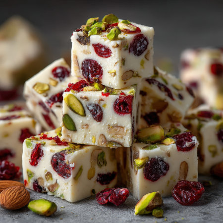 Dessert squares made with creamy nougat, adorned with dried cranberries and pistachios, arranged artfully on a textured surface, showcasing culinary artistryの素材